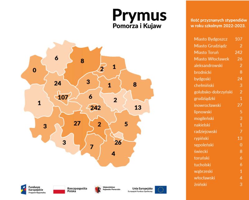 Ilość przyznanych stypendiów w roku szkolnym 2022/2023 projektu Prymus Pomorza i Kujaw w formie mapy województwa z...