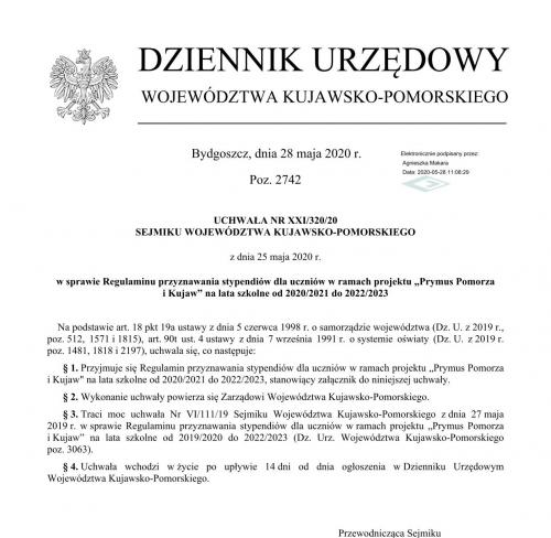 Pierwsza strona regulaminu na lata szkolne 2020-2023